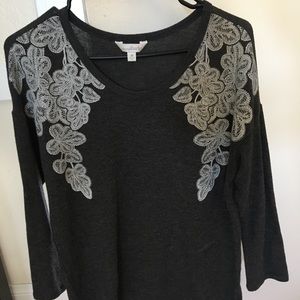 Charming Charlie- grey sweater with lace decal